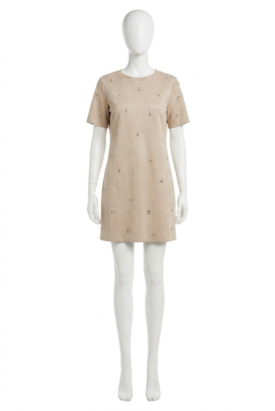 NEW BLUIVY elle rhinestone embellished suede shift mini dress in latte